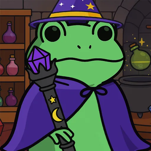 An illustration depicts a green frog wearing a purple wizard hat and cape, holding a staff with a purple crystal.