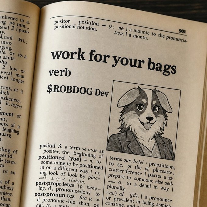 A dictionary page displaying the entry 'work for your bags' as a verb attributed to '$ROBDOG Dev', accompanied by an illustration of an anthropomorphic dog in a suit.