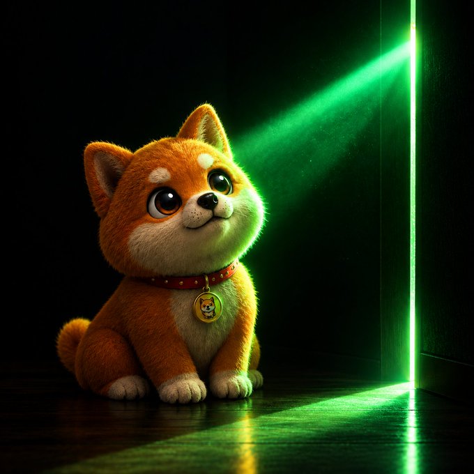 An animated Shiba Inu puppy wearing a red collar with a golden tag sits in a beam of green light, looking up with large eyes.