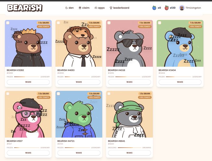 Screenshot of the BEARISH NFT dashboard showing seven sleeping cartoon bears (BEARISH #3202, #4693, #4316, #3434, #937, #4721, #6041) with various traits like crown, sunglasses, berets, and hats, most marked 'LEGENDARY' with 'WAKE' buttons and 7.0x $BUBR rewards for +10% toast.