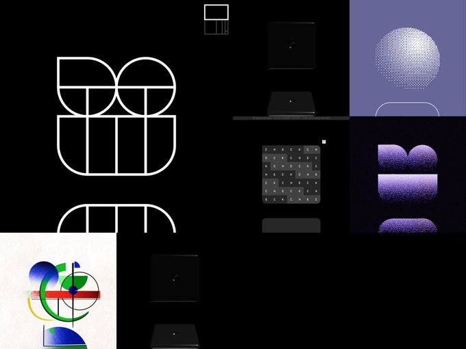 A collage of various minimalist and geometric digital designs and illustrations in purple, blue, and white tones on a black background.