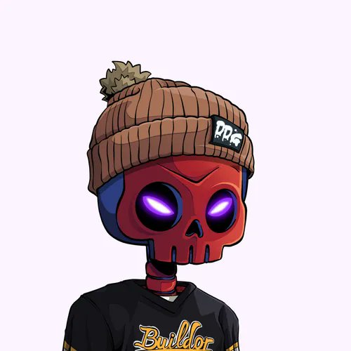 A digital illustration of a red skull character wearing a brown beanie with a 'pp' patch and a black 'Buildor' t-shirt against a white background.