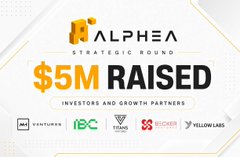 The image shows a promotional graphic for Alphea's "Strategic Round" announcing that $5M has been raised, with logos of partners including Startup Ventures, IBC, Tessin, Locieb, and Yellow Lab visible at the bottom.

The image appears to be unrelated to the post's comment about airdrops featuring a "gremlin riding a bike" — likely shared as a contrast or non sequitur to the post about quirky crypto airdrop requirements.