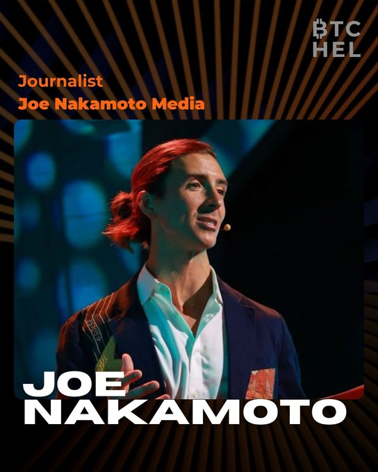 The image features a man with red hair wearing a suit, standing behind a podium and speaking into a microphone. The background of the image has orange lines radiating outwards from the center, creating an interesting visual effect that complements the man's appearance. The text "Speaker announcement @JoeNakamoto" is written in white at the bottom of the image, indicating that this is likely part of a larger event or gathering where Joe Nakamoto is speaking about Bitcoin and its impact on society.