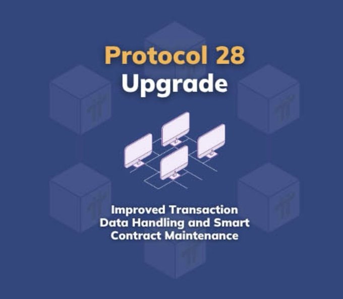 A graphic advertisement announces a 'Protocol 28 Upgrade' with the subtitle 'Improved Transaction Data Handling and Smart Contract Maintenance' set against a dark blue background with hexagonal patterns.