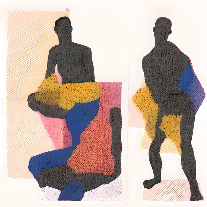 An abstract mixed-media collage artwork featuring black silhouetted human figures rendered in a cracked/cellular texture, layered over colorful geometric patches of yellow, pink, blue, and peach with diagonal line patterns.