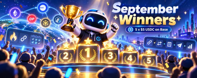 A promotional graphic for 'September Winners' featuring a robot mascot holding a trophy on a podium, with text advertising '5 x $5 USDC on Base'.