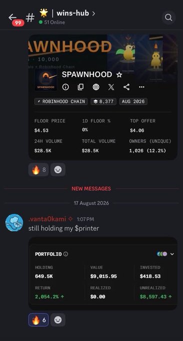 A Discord channel screenshot showing #wins-hub with a user posting in the SPAWNHOOD Robinhood Chain group, displaying portfolio stats including $9,015.95 value and a 2,054.2% return.