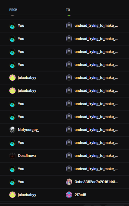 A Discord server activity log showing multiple call history entries from 'You', 'Juicebabyy', 'Notyourguy_', and 'Desdinova', mostly transitioning to 'undead_trying_to_make_...'.