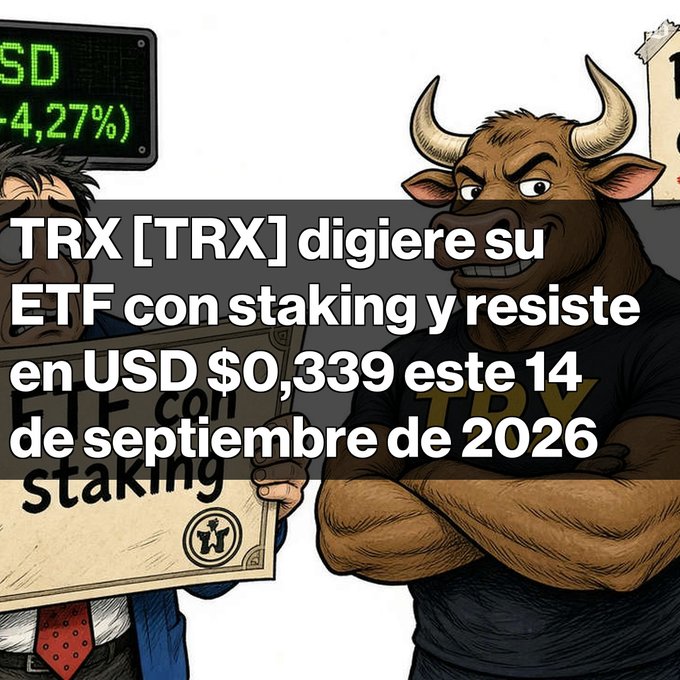 An illustrated graphic featuring a bull mascot in a TRX shirt and a nervous figure holding an 'ETF con staking' document, with text: 'TRX [TRX] digiere su ETF con staking y resiste en USD $0,339 este 14 de septiembre de 2026'.