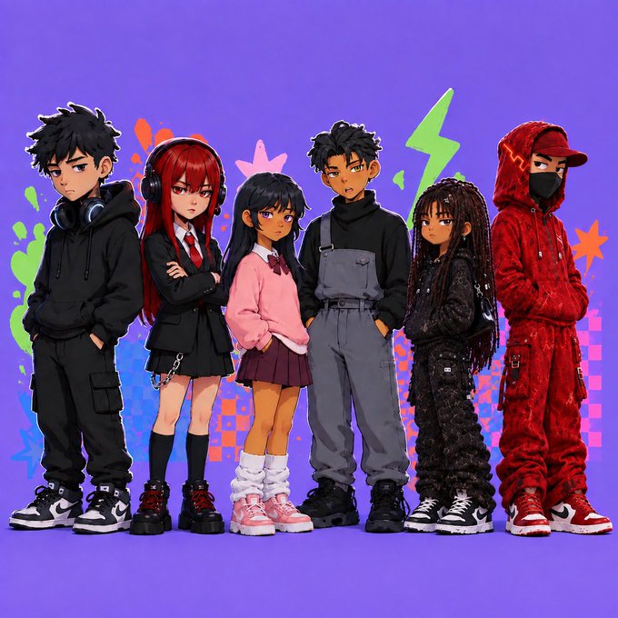 An anime-style illustration featuring a group of six diverse characters with streetwear fashion posing against a purple background with colorful graphic accents.