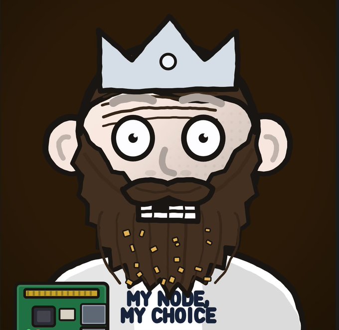 A cartoon illustration depicts a bearded man wearing a silver crown against a dark background, with the slogan "MY NODE, MY CHOICE" written near his beard.
