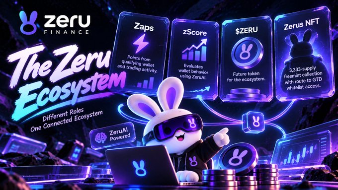 A promotional graphic for "The Zeru Ecosystem" featuring a cartoon bunny mascot and describing features like "Zaps," "zScore," "$ZERU," and "Zerus NFT."