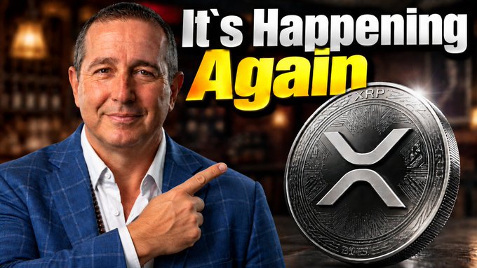A YouTube thumbnail showing a man pointing at an XRP coin with the text "It's Happening Again".