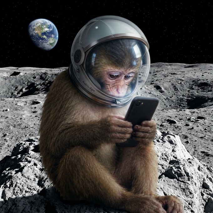 A baboon wearing an astronaut helmet sits on the moon's surface, intently looking at a smartphone with Earth visible in the background.
