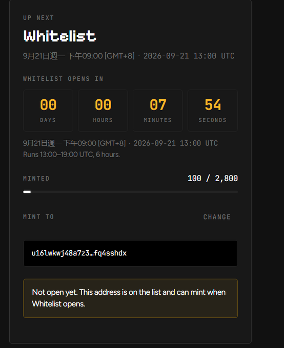 A countdown timer shows "Whitelist" opening in 7 minutes and 54 seconds, with 100 of 2,800 already minted to address "u16lWkwj48a7z3...fq4sshdx". The message "Not open yet. This address is on the list and can mint when Whitelist opens" confirms the user's excitement about minting in approximately 8 minutes via zaddr.studio/mint.