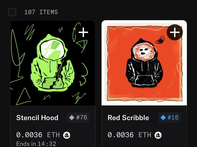 Screenshot of an NFT marketplace showing two items: "Stencil Hood" (#76, 0.0036 ETH, 14:32 remaining) and "Red Scribble" (#16, 0.0036 ETH) under a collection with 107 items.