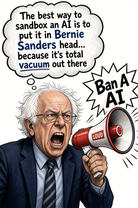 A cartoon illustration of Bernie Sanders yelling into a "LOUT"-labeled megaphone with a "Ban AI" speech bubble; his thought bubble reads, "The best way to sandbox an AI is to put it in Bernie Sanders head... because it's total vacuum out there".