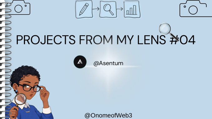 A light blue notebook-style graphic with camera icons and the text "PROJECTS FROM MY LENS #04" featuring the handle "@Asentum" with an Asentum logo and "@OnomeofWeb3" at the bottom, alongside a cartoon character with glasses and a magnifying glass.