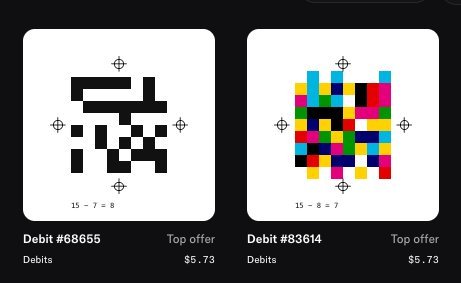 Two pixel art items being auctioned: 'Debit #68655' (15-7=8, a simple black pattern) and 'Debit #33614' (15-8=7, a colorful multicolored pattern), each at $5.76.