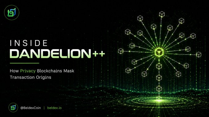 A digital banner with a black and green color scheme titled "INSIDE DANDELION++" and subtitled "How Privacy Blockchains Mask Transaction Origins," featuring a 3D network graphic and the Beldex logo (@BeldexCoin | beldex.io).