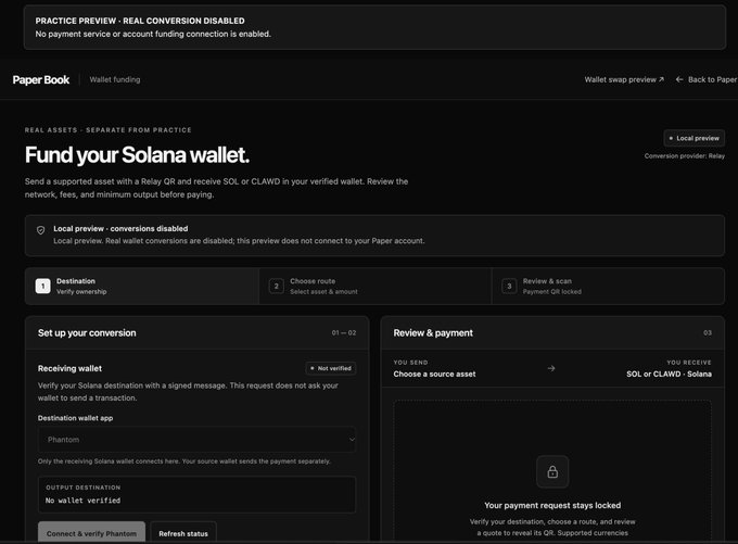A dark Paper web-app screen shows “PRACTICE PREVIEW · REAL CONVERSION DISABLED” and “Paper Book · Wallet funding,” with “Fund your Solana wallet.” The page includes notices that conversion and real-wallet funding are disabled, plus sections for receiving wallet, wallet app, source asset, and review and payment.