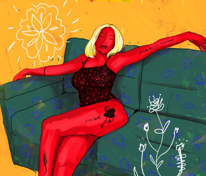 An illustration of a red-skinned woman with blonde hair lounging on a teal patterned couch, wearing a black top and shorts with a heart tattoo on her thigh.