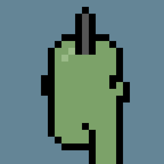 A simple pixel-art drawing depicts a green cactus-like character with a brown stem against a solid blue-gray background, rendered with a black outline.