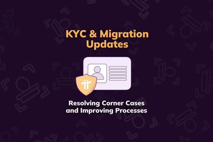 A graphic with a dark purple background titled 'KYC & Migration Updates' featuring an illustration of an ID card with a yellow Theta (THETA) shield logo, captioned 'Resolving Corner Cases and Improving Processes'.