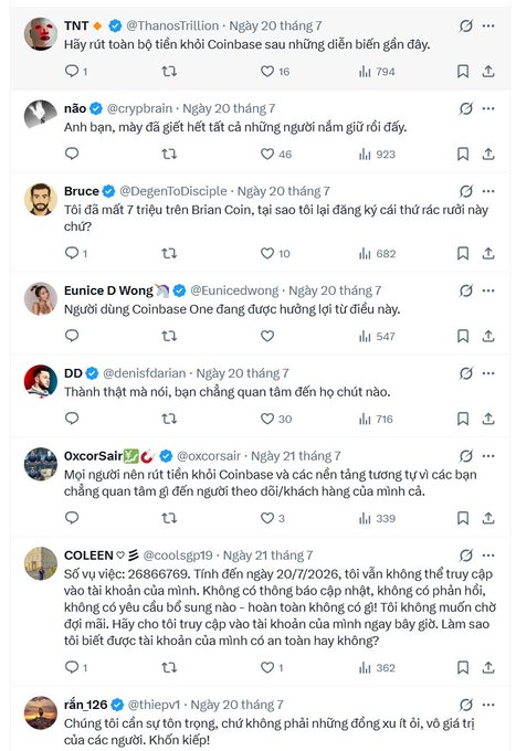 A Twitter thread of replies to a Coinbase-related post, with users like @ThanosTrillion, @crypbrain, @DegenToDisciple, and @Eunicedwong responding in Vietnamese about withdrawing funds and scam concerns dated July 20–21.