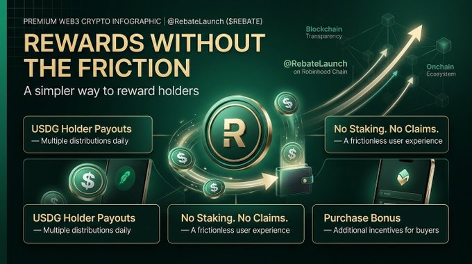 Promotional crypto infographic titled “REWARDS WITHOUT THE FRICTION,” advertising USDC holder payouts, no staking or claims, a purchase bonus, blockchain transparency, and the onchain ecosystem.