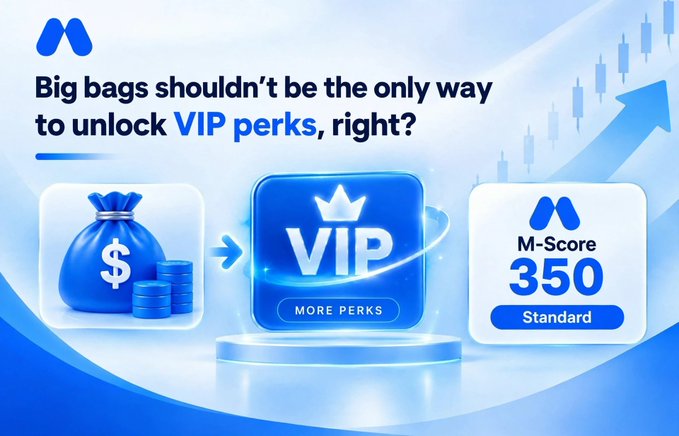 A promotional graphic for an 'M-Score' VIP program with the text 'Big bags shouldn't be the only way to unlock VIP perks, right?', showing an M-Score of 350 Standard alongside a VIP perks icon.