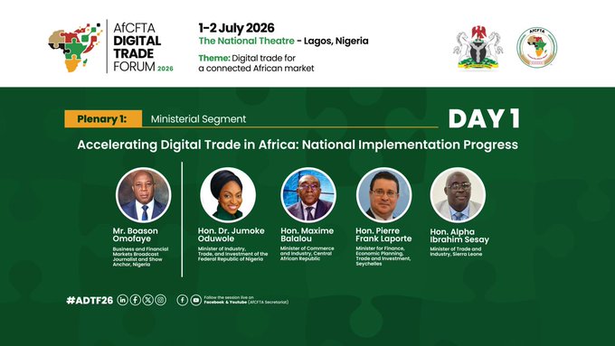 Promotional graphic for the AfCFTA Digital Trade Forum 2026, scheduled for 1-2 July 2026 at The National Theatre in Lagos, Nigeria. Day 1 Plenary I features a Ministerial Segment on 'Accelerating Digital Trade in Africa: National Implementation Progress' with speakers including Mr. Boason Omofaye, Hon. Dr. Jumoke Oduwole, Hon. Maxime Balou, Hon. Pierre Frank Laporte, and Hon. Alpha Ibrahim Sesay.