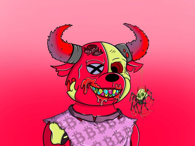 A cartoon illustration of a red demon-like creature with horns, an exposed brain, and colorful teeth, wearing a shirt patterned with Bitcoin 'B' symbols against a pink background.