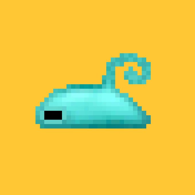 A pixel art illustration of a teal-colored pointed wizard's hat with a curled tip, displayed against a solid mustard-yellow background.