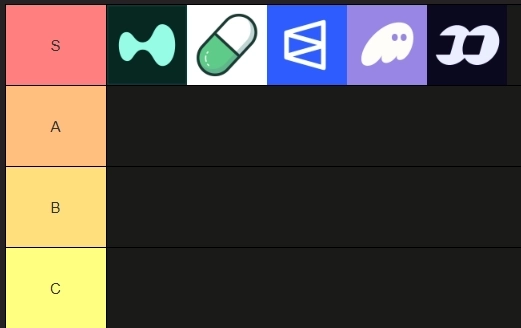The image features a table of six different logos, each representing a cryptocurrency. The logos include a green pill, a blue pill, a purple ghost, an orange dollar sign, a black dollar sign, and a white dollar sign. These logos are arranged in two rows with three columns for each logo. The text "Some are the best crypto apps in 2026 because they attached crypto rails to things people already do all day anyway" is written above the table, providing context about the purpose of these logos.