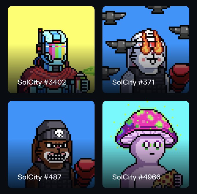 Four pixel-art NFT characters from the SolCity collection are displayed in a grid, labeled "SolCity #3402" (a robot with a rainbow visor), "SolCity #371" (a flaming skull surrounded by spaceships), "SolCity #487" (a grinning beanie-wearing figure), and "SolCity #4966" (a purple mushroom character), promoting the upcoming first quarterly airdrop for the collection.