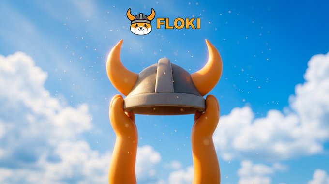 A 3D rendered image of orange hands holding up a horned Viking helmet against a bright blue sky with clouds, branded with the FLOKI logo at the top.