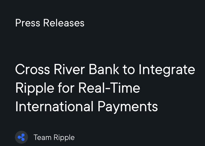 The image is a press release headline from Team Ripple announcing "Cross River Bank to Integrate Ripple for Real-Time International Payments." It visually supports the post's message about the growing infrastructure connecting Cross River Bank, Ripple, and XMoney in the payments ecosystem, reinforcing the $XRP connection narrative.