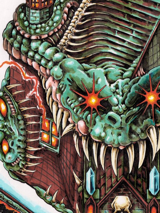 A grotesque, monstrous skull-like creature with glowing red eyes, jagged teeth, and green slimy skin devours a Gothic-style building, tying into the "POP CRYPT: CRYPT CUBE" promotional image for the band's tour dates. The artwork's horror aesthetic aligns perfectly with the crypt-themed event announced across New York, Los Angeles, and London.