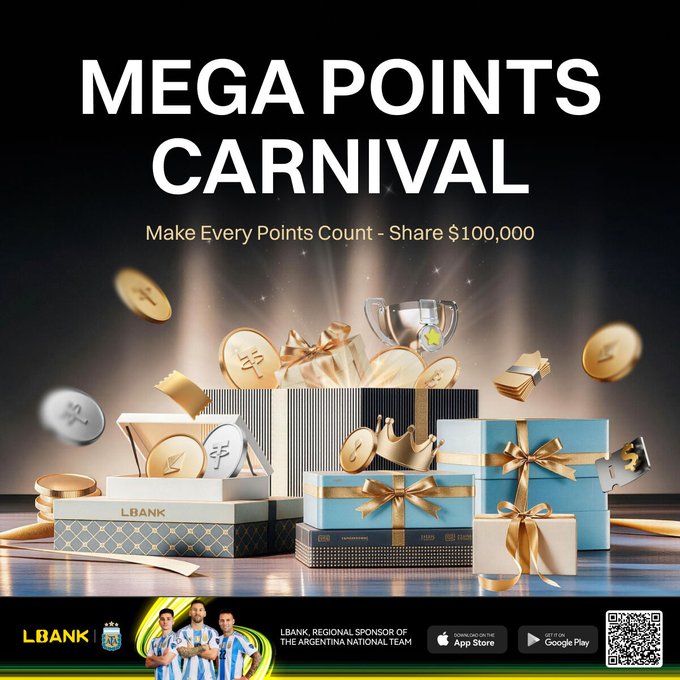 LBank's "Mega Points Carnival" promotional image showcases a luxurious display of gold coins, trophies, crowns, and gift boxes with the tagline "Make Every Points Count - Share $100,000," promoting their points-based rewards event where users complete activities to share in a $100,000 prize pool.