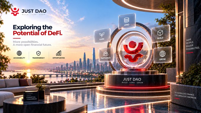 JUST DAO promotional banner with the tagline 'Exploring the Potential of DeFi,' showcasing features like Lend, Earn, Build, Participate, and Grow, set against a city skyline at sunset.