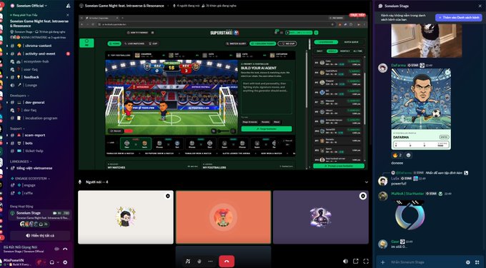 A Discord interface showing the 'Sonatam Official' server with a 'Sonatam Game Night, first Intramurrs & Resurecance' voice channel active, featuring a soccer/penalty game stream, a chat about live streaming on X, and user profile images in the right sidebar.