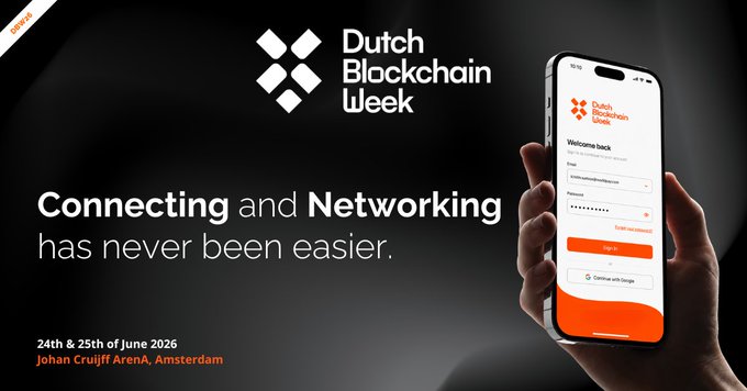 ?"The image shows a person holding up their phone displaying an app called "Dutch Blockchain Week" with a white background, black text, and orange icons. The app appears to be a social media platform for connecting and networking within the blockchain community."