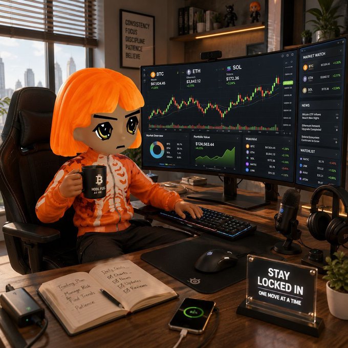 A stylized anime figure with orange hair sits at a trading desk monitoring BTC ($67,254.45), ETH ($3,842.12), and SOL ($172.36) on multi-screen charts, holding an "HODL" mug beside a "STAY LOCKED IN — ONE MOVE AT A TIME" sign and a "CONSISTENCY FOCUS DISCIPLINE PATIENCE BELIEVE" poster. The image perfectly complements the bullish Friday greeting, capturing a focused trader's ready-to-conquer-the-markets vibe as the weekend approaches.