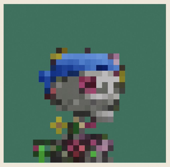 A heavily pixelated, mosaic-style portrait of a figure with blue hair against a solid teal background.