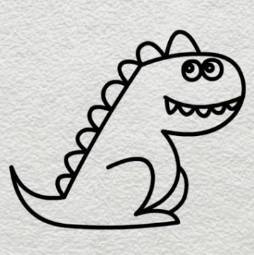 A simple black-line drawing of a cute cartoon dinosaur with spiky back, big eyes, and a toothy smile on a textured white background.