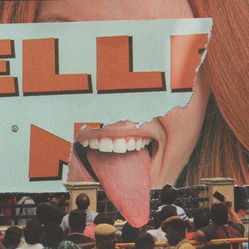 A pop-art collage features a torn magazine image of a woman sticking out her tongue beneath bold orange text spelling "ELLE" on a teal background, with a crowd of onlookers visible in the lower foreground. The piece, titled "1mouth analog #158," recently sold for 0.03 WETH to collector @tommi_art, marking a new all-time high for the analog collage collection.