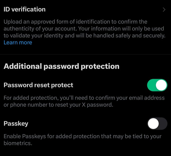 A screenshot of X (Twitter) account security settings showing 'ID verification', 'Additional password protection' with 'Password reset protect' toggled on (green) and 'Passkey' toggled off.