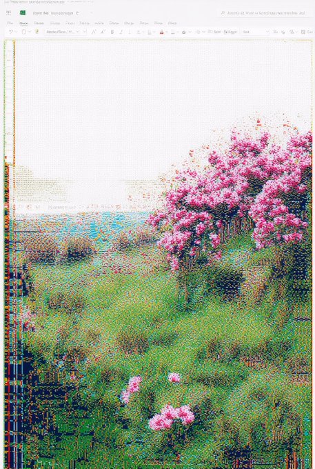 A glitch-art style landscape image displayed within a Google Sheets interface, depicting a field with pink flowering bushes.